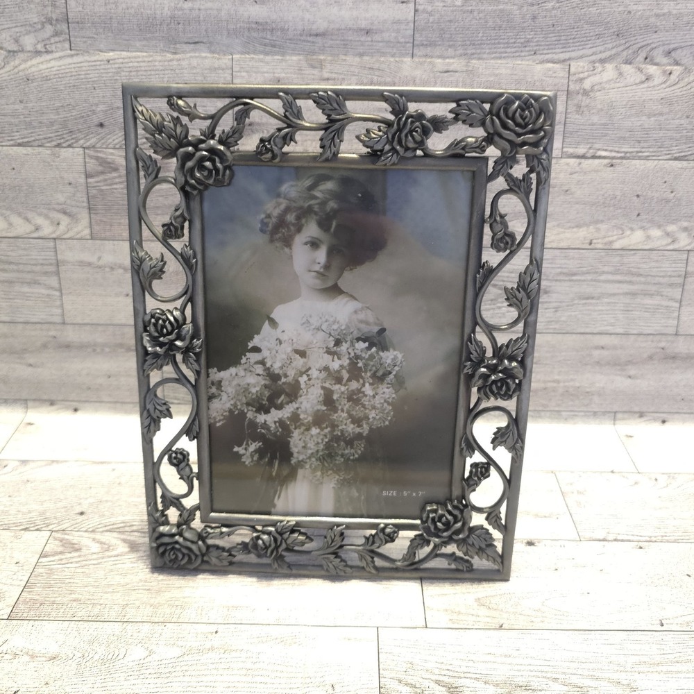 Vtg Cast Metal Silver Tone Ornate Roses Vines Picture Frame 5" x 7"